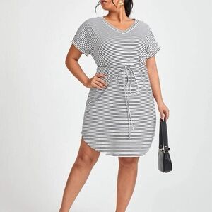 SHEIN Striped Curve Hem Belted White Dress Size 2Xl.
